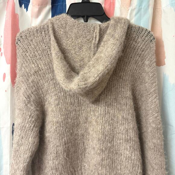 Halogen Tan Fuzzy Wool Blend Zip Front Cropped Sweater Hoodie Size Small - Picture 8 of 14